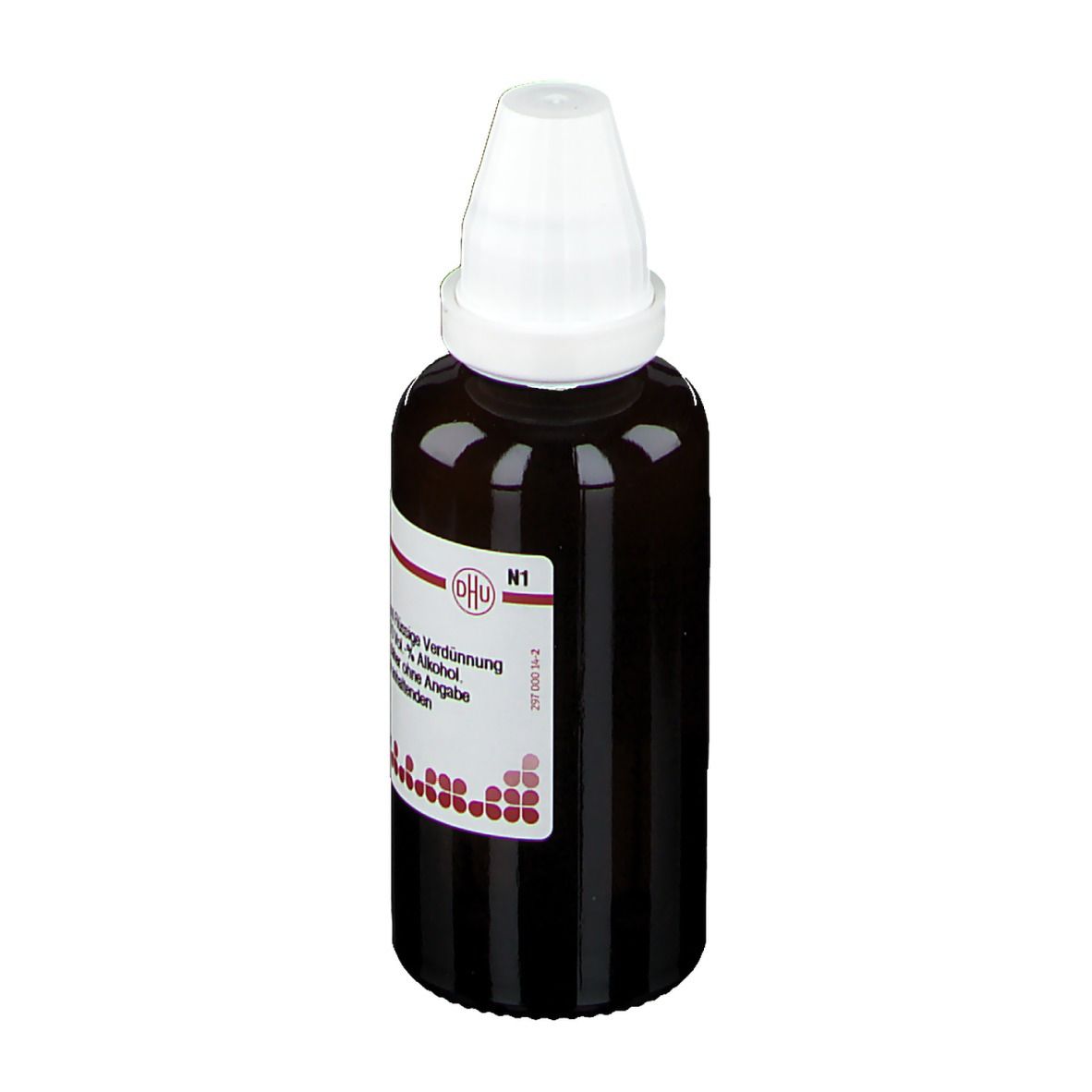 Braune Glasflasche mit weißem Verschluss. Etikett mit Text: DHU, Allium sativum D3. Homöopathisches Arzneimittel.
