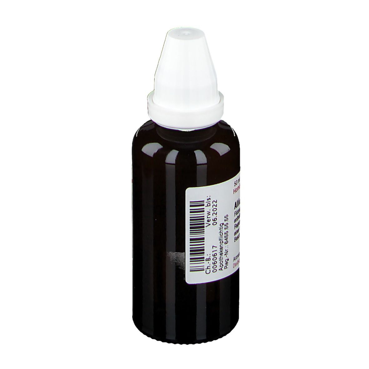 Braune Glasflasche mit weißem Verschluss. Etikett mit Text: Allium sativum D3. Homöopathisches Arzneimittel.