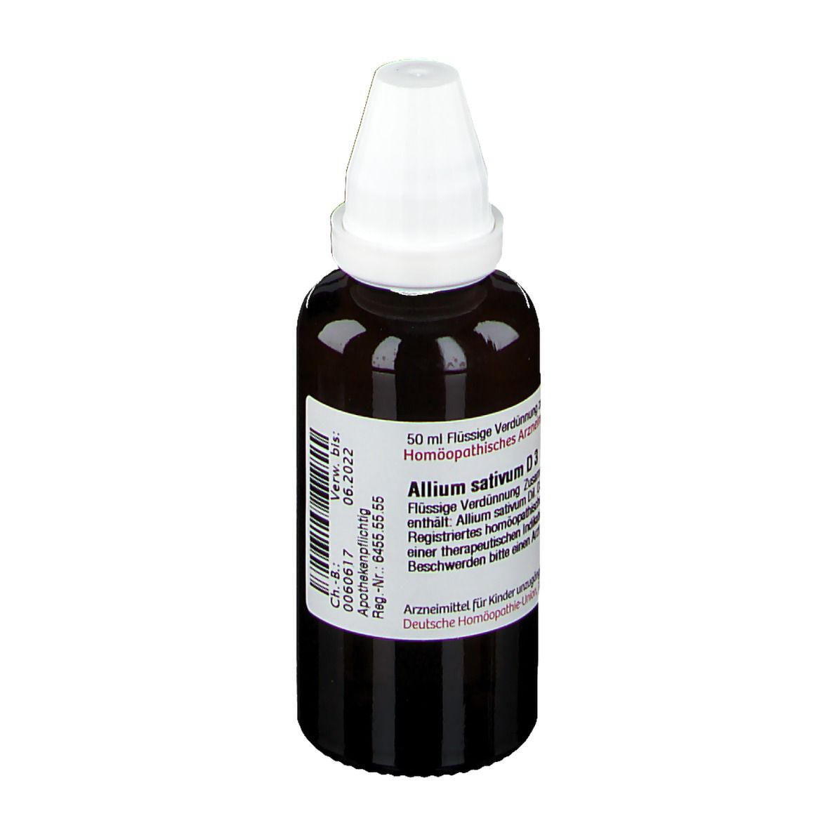 Braune Glasflasche mit weißem Verschluss. Etikett mit Text: Allium sativum D3. Homöopathisches Arzneimittel.
