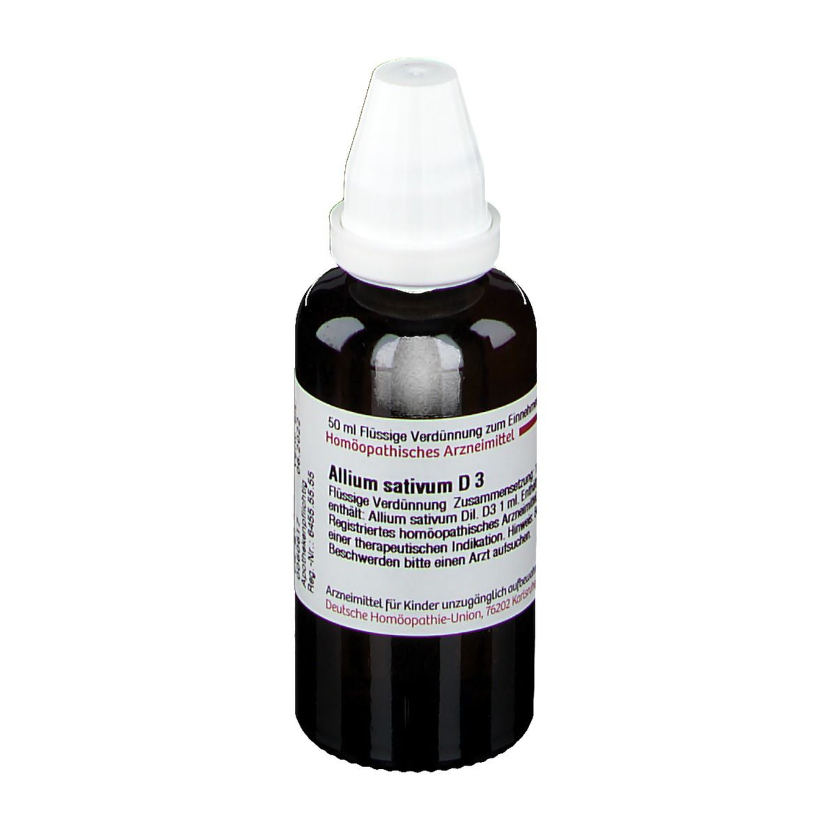 Braune Glasflasche mit weißem Verschluss. Etikett mit Text: Allium sativum D3. Homöopathisches Arzneimittel.