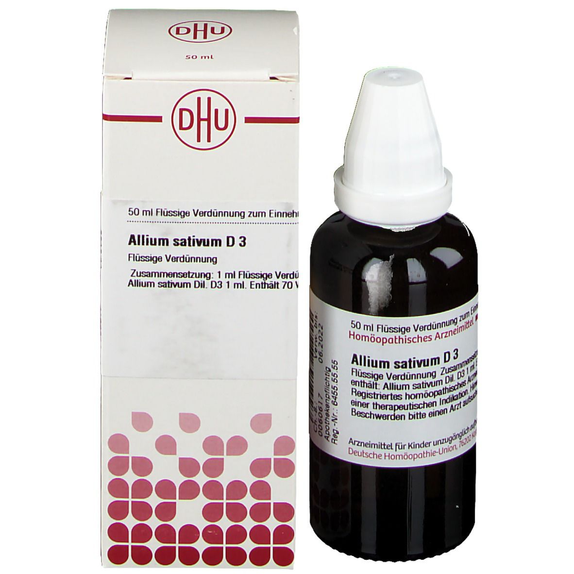 Braune Glasflasche mit weißem Verschluss und Karton. Aufschrift: DHU, Allium sativum D3. Homöopathisches Arzneimittel.