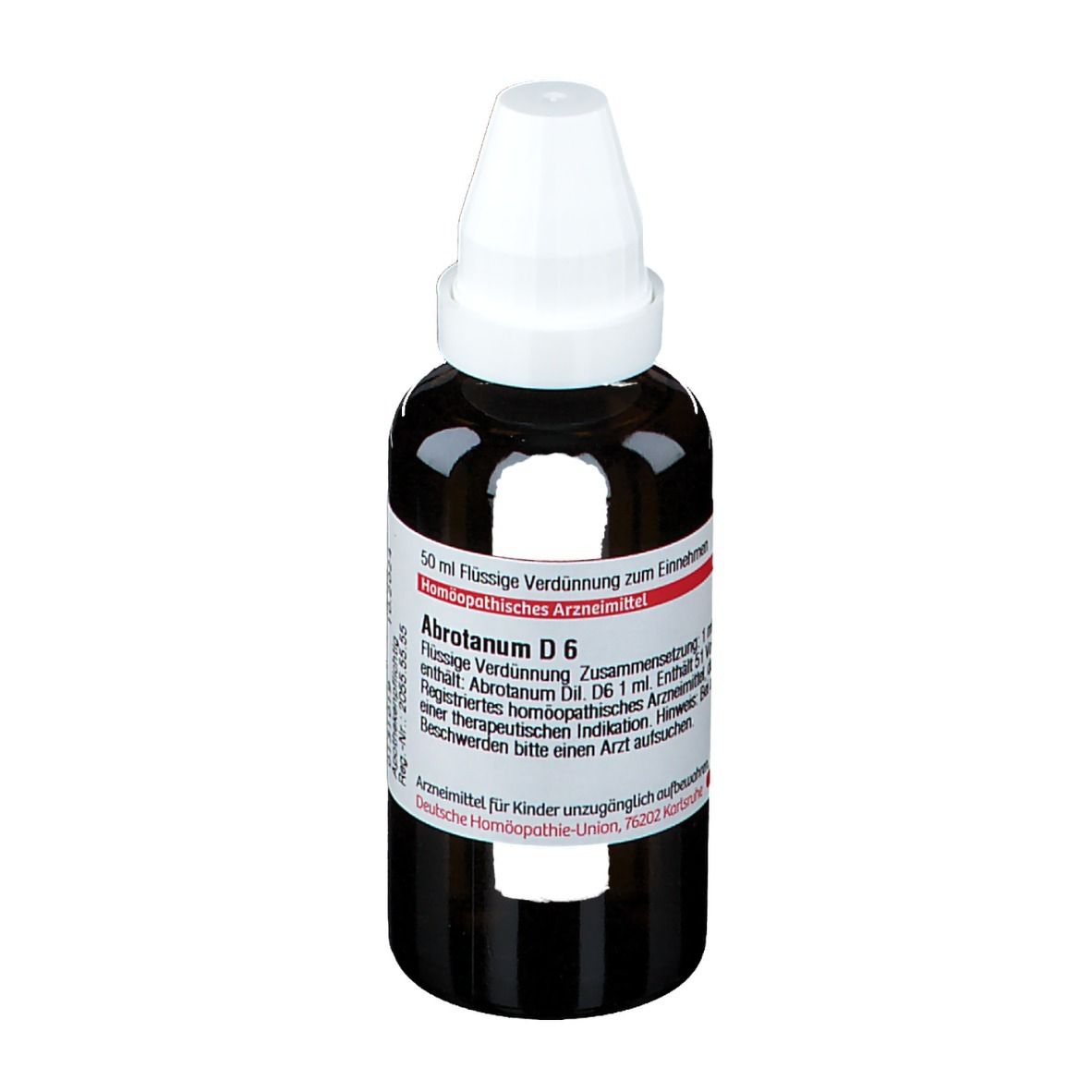 Braune Glasflasche mit weißem Verschluss. Etikett mit Text. DHU-Logo und Produktname sichtbar.