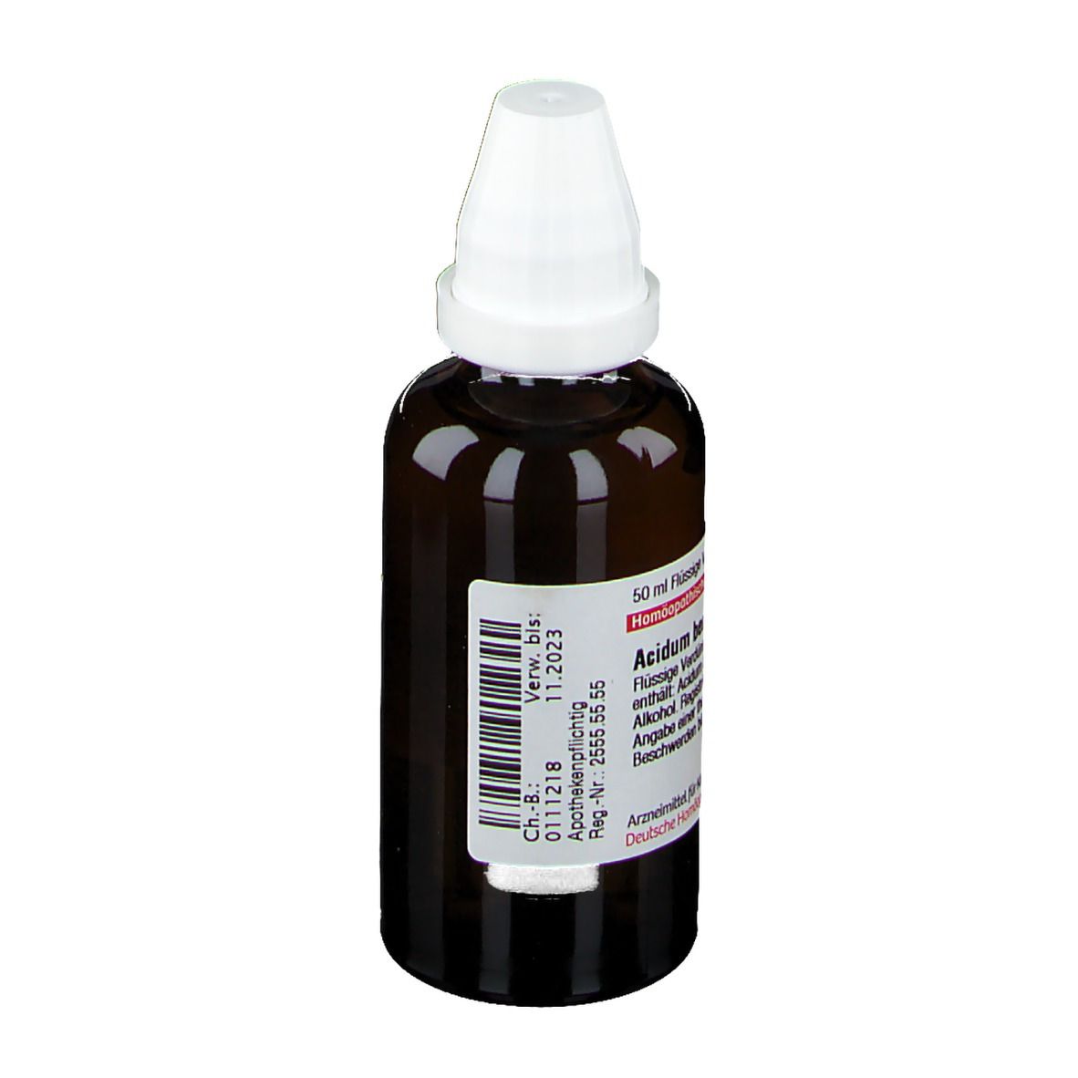 Braune Tropfflasche mit weißem Verschluss. Etikett mit Produktinformationen. DHU Acidum Benzoicum e Resina D4.