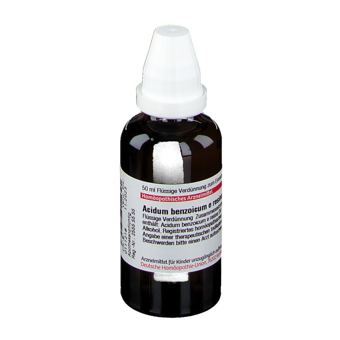 Braune Tropfflasche mit weißem Verschluss. Etikett mit Produktinformationen. DHU Acidum Benzoicum e Resina D4.