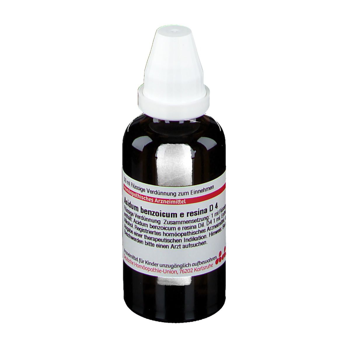 Braune Tropfflasche mit weißem Verschluss. Etikett mit Produktinformationen. DHU Acidum Benzoicum e Resina D4.