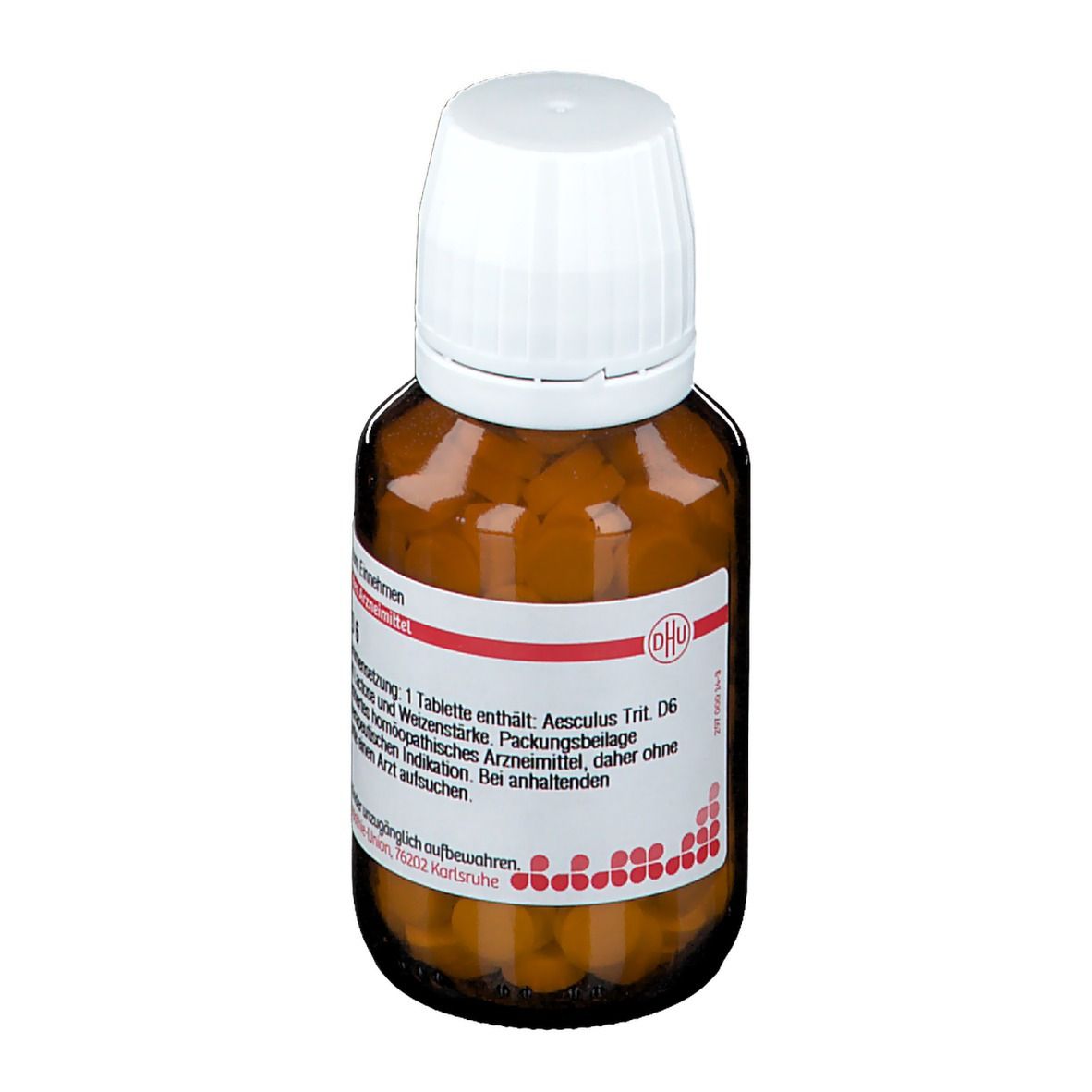 Braune Glasflasche mit weißen Deckel, gefüllt mit Tabletten. Etikett mit Produktinformationen. Aufschrift: Aesculus Trit. D6.