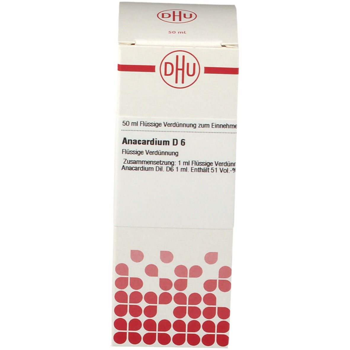 Weiße Schachtel mit DHU-Logo und Produktinformationen. Rote Punkte.