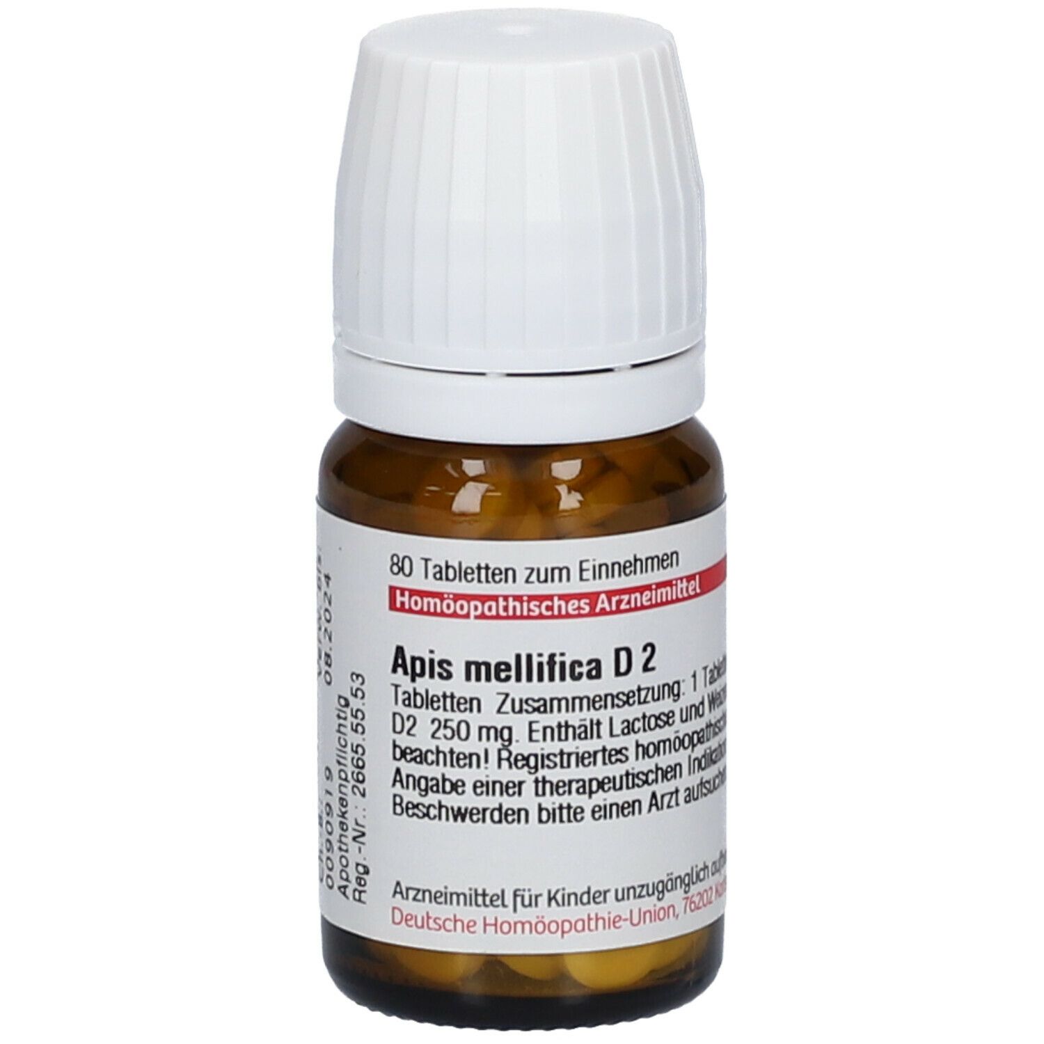 Braune Glasflasche mit weißem Deckel. Etikett mit Produktinformationen: Apis mellifica D2, 80 Tabletten. Apothekenpflichtig.