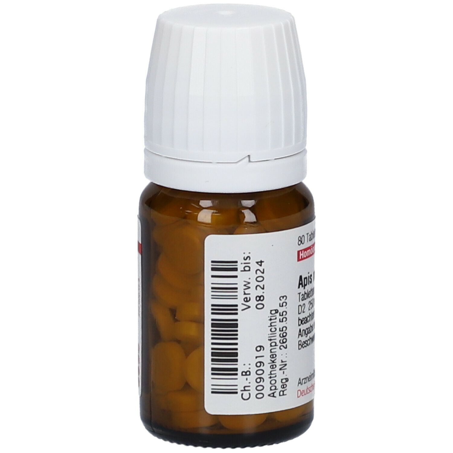 Braune Glasflasche mit weißem Deckel. Etikett mit Produktinformationen und Barcode. Enthält Tabletten. Verfallsdatum: 08.2024.