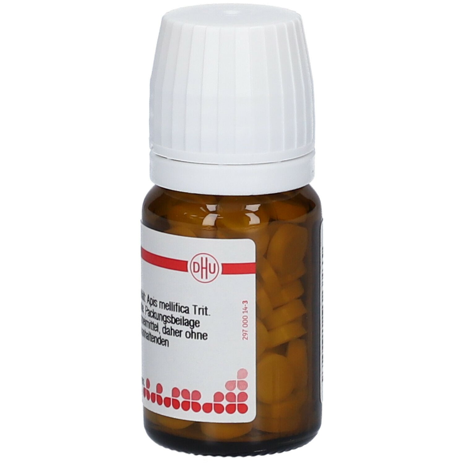 Braune Glasflasche mit weißem Deckel. Etikett mit Produktinformationen. Enthält Tabletten. DHU Logo sichtbar.