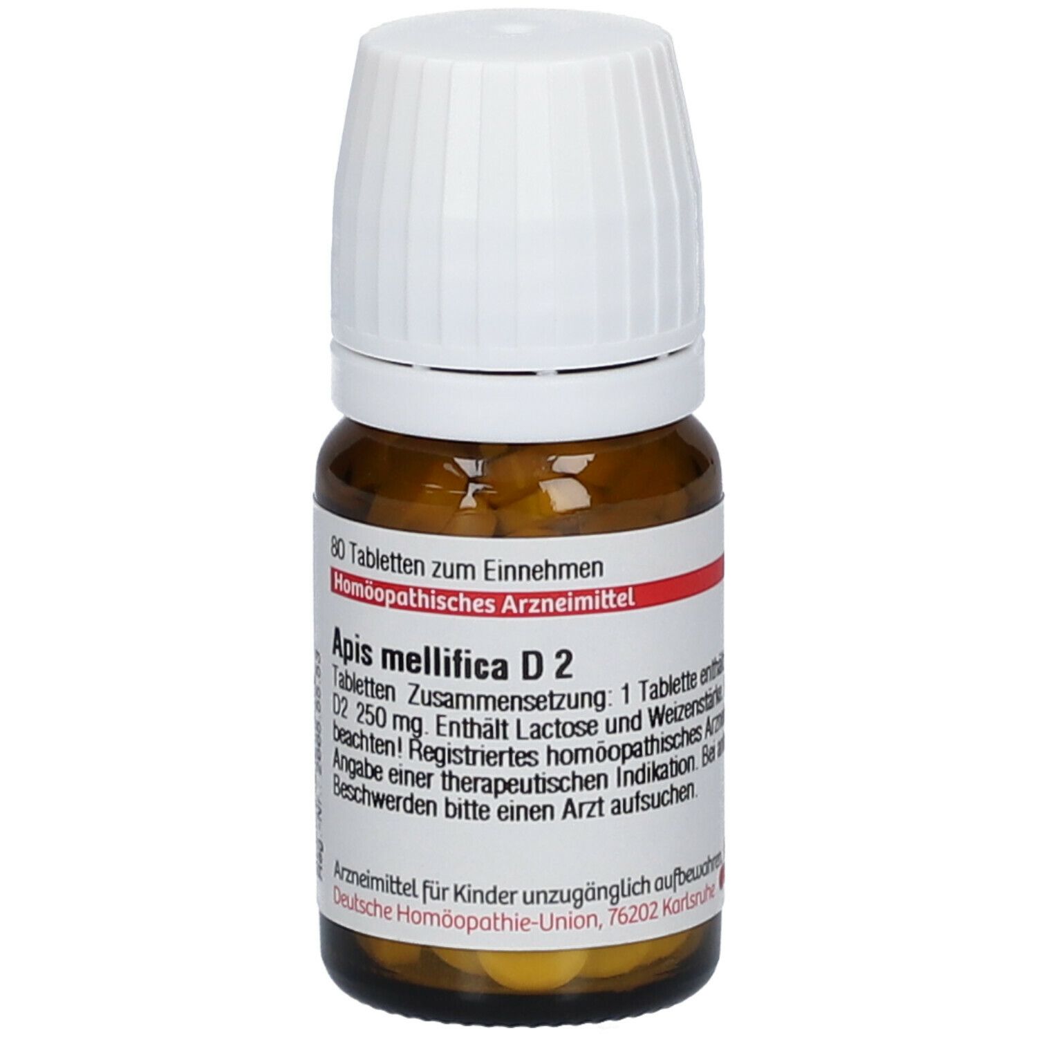 Braune Glasflasche mit weißem Deckel. Etikett mit Produktinformationen: Apis mellifica D2, 80 Tabletten. Apothekenpflichtig.