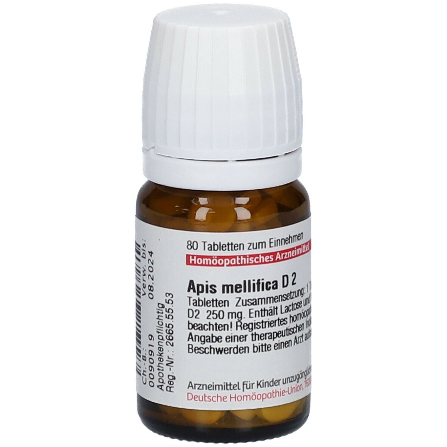 Braune Glasflasche mit weißem Deckel. Etikett mit Produktinformationen: Apis mellifica D2, 80 Tabletten. Apothekenpflichtig.