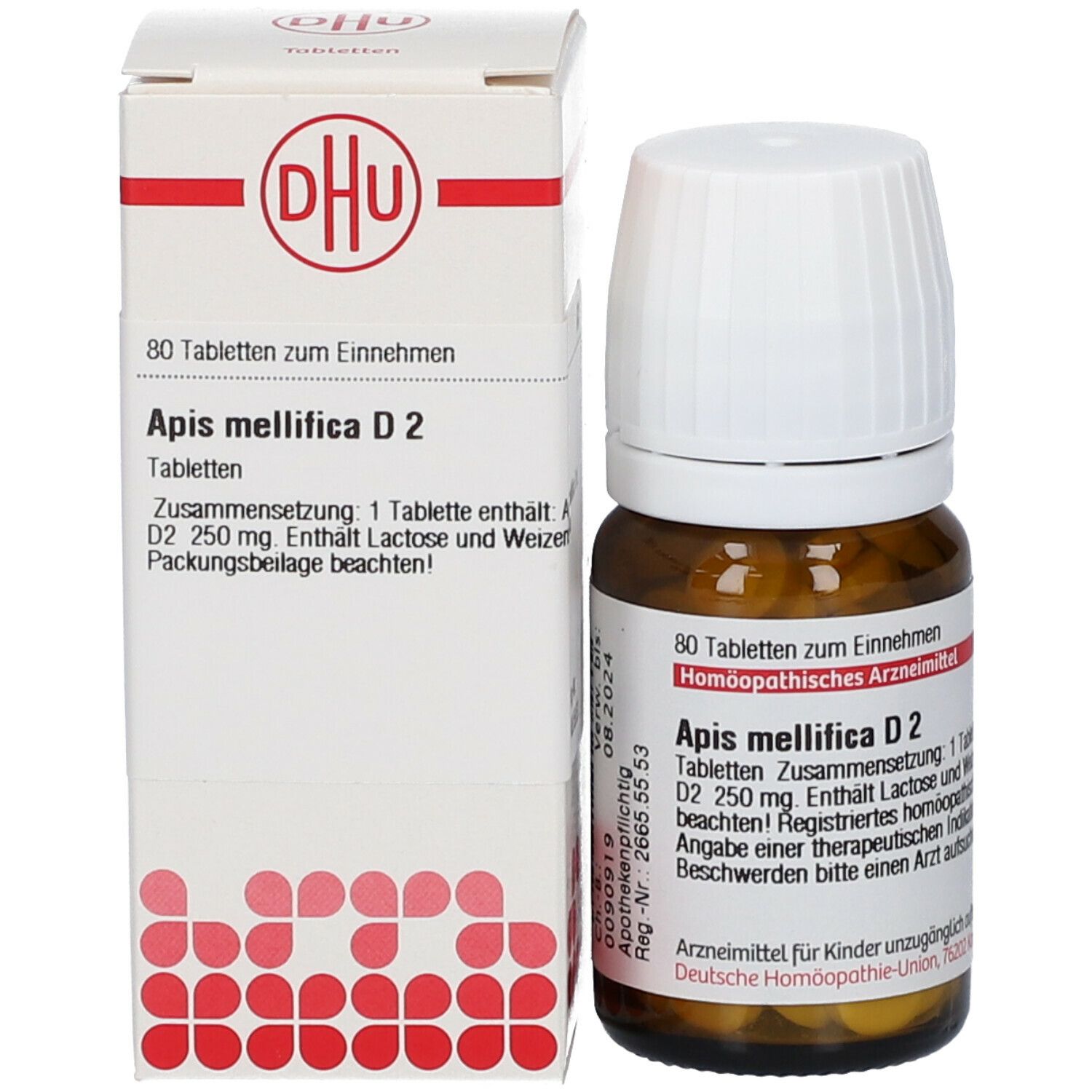 Produktverpackung und Flasche. Weiße Schachtel mit DHU-Logo und Produktinformationen: Apis mellifica D2, 80 Tabletten. Braune Flasche daneben.