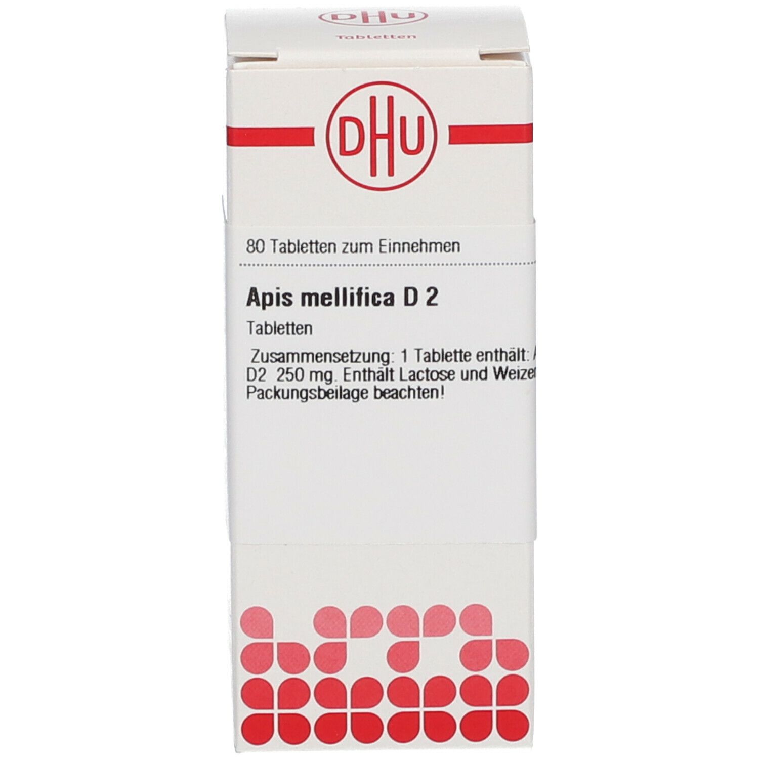 Weiße Schachtel mit DHU-Logo und Produktinformationen: Apis mellifica D2, 80 Tabletten. Rote Punkte auf der unteren Hälfte.