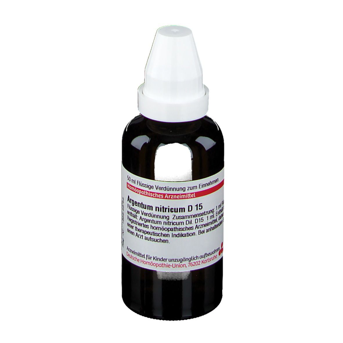 Braune Glasflasche mit weißem Verschluss. Beschriftung: Argentum nitricum D 15. Flüssige Verdünnung.