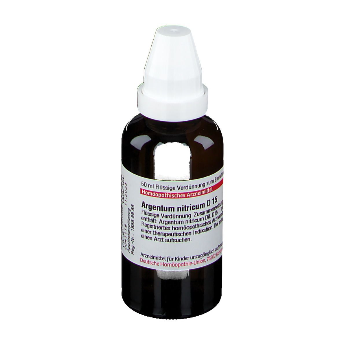Braune Glasflasche mit weißem Verschluss. Beschriftung: Argentum nitricum D 15. Flüssige Verdünnung.
