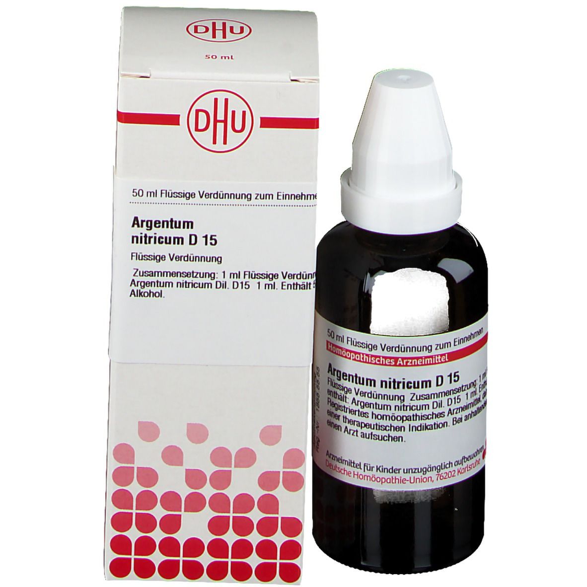 Produktflasche und Verpackung. Flasche: Argentum nitricum D 15. Verpackung: DHU, 50 ml, Flüssige Verdünnung.