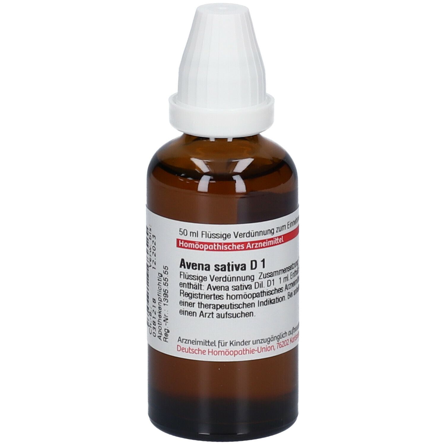 Braune Glasflasche mit weißem Verschluss. Etikett mit Produktinformationen: Avena sativa D1, 50 ml.