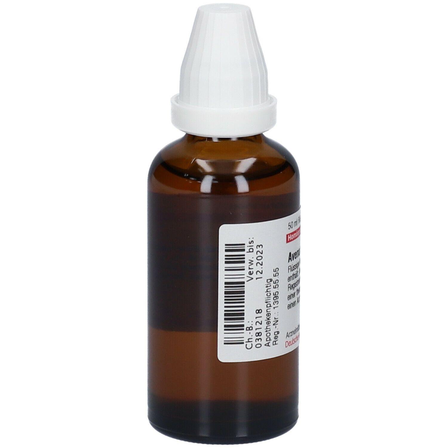 Braune Glasflasche mit weißem Verschluss. Etikett mit Produktinformationen und Verfallsdatum.