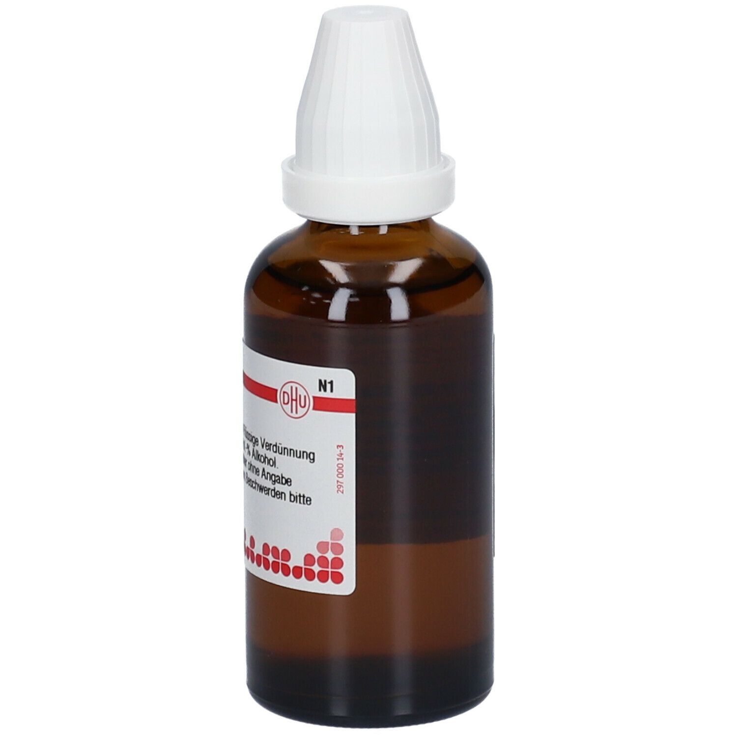 Braune Glasflasche mit weißem Verschluss. Etikett mit Produktinformationen, DHU Logo.