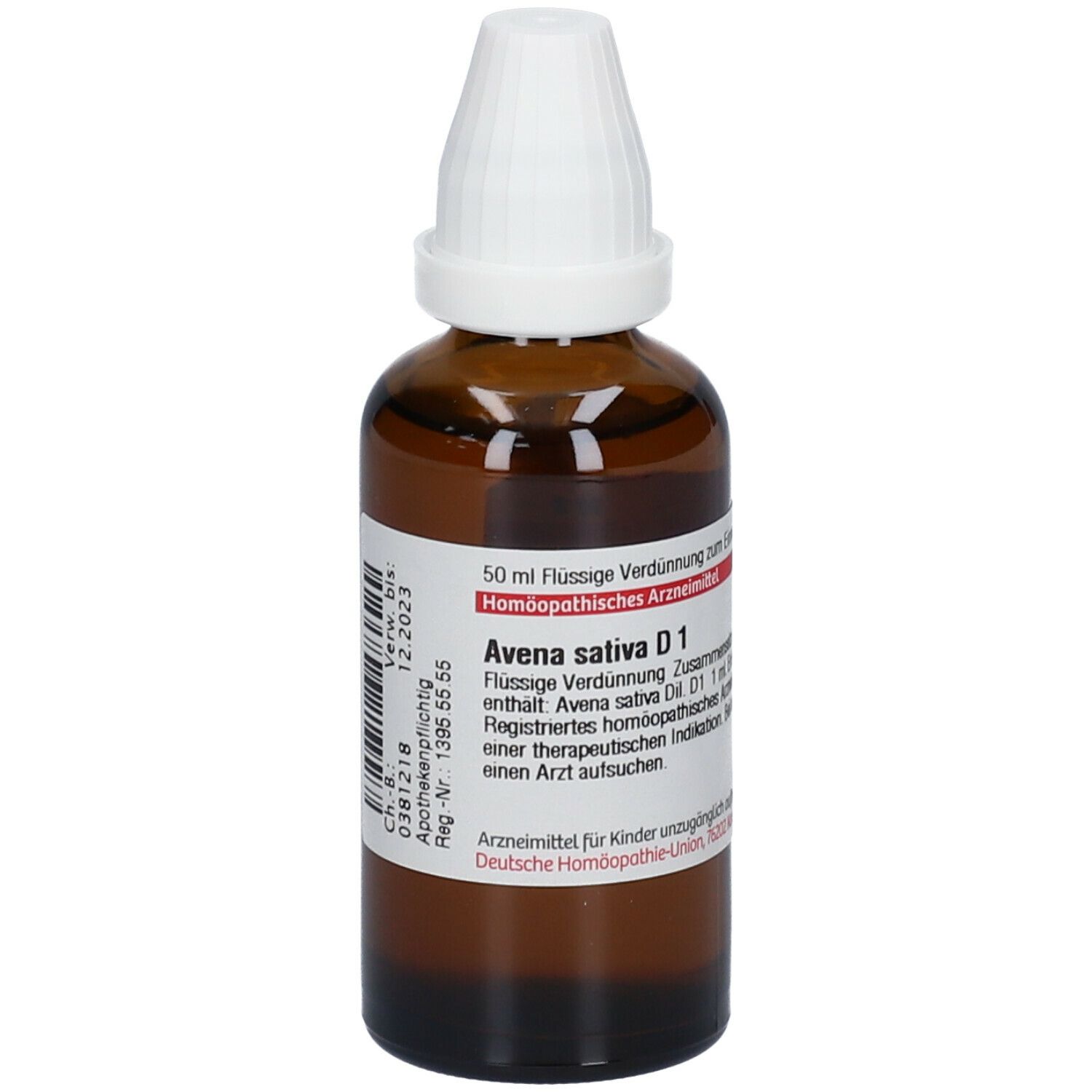 Braune Glasflasche mit weißem Verschluss. Etikett mit Produktinformationen: Avena sativa D1, 50 ml.