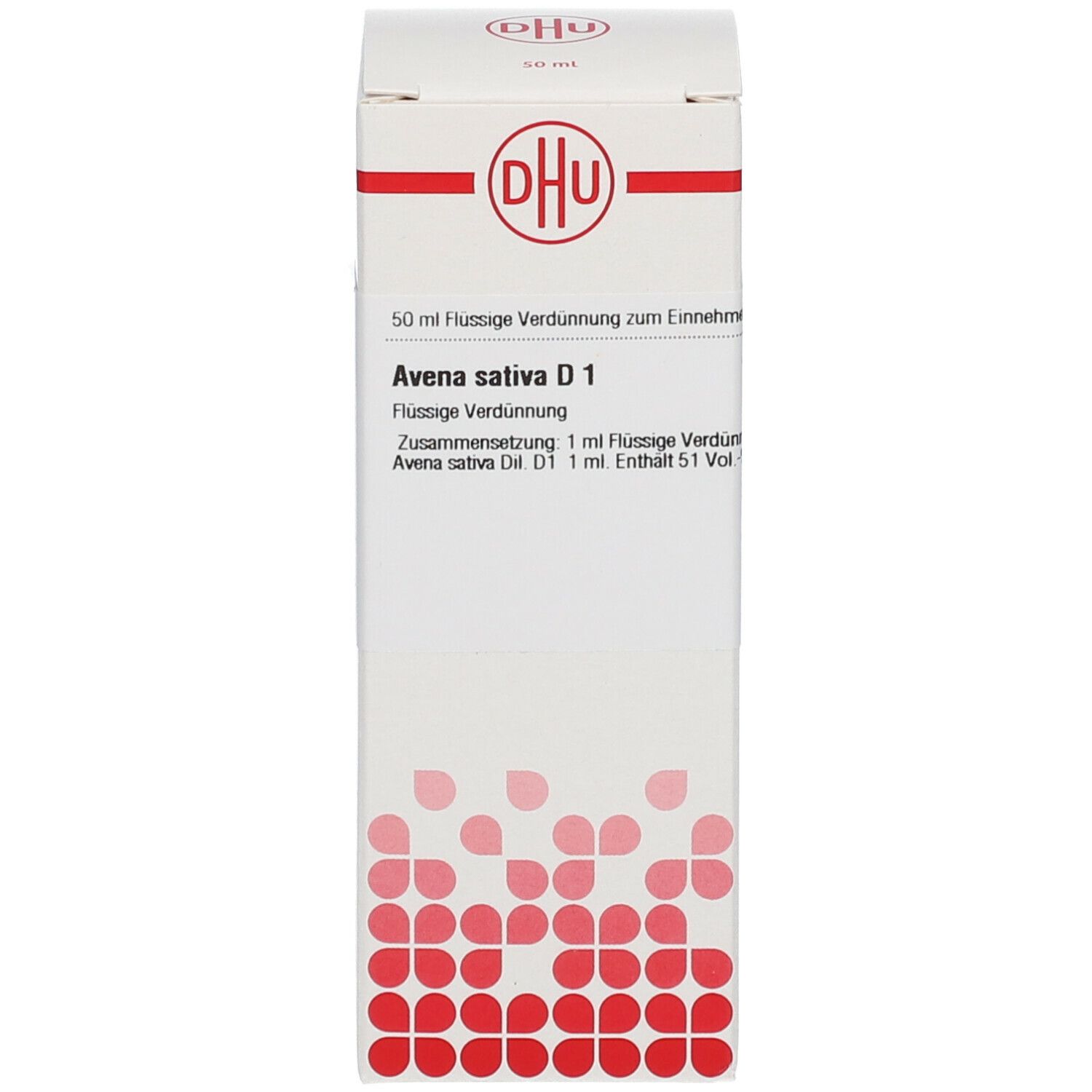 Weiße Verpackung mit DHU Logo und Produktinformationen: Avena sativa D1, 50 ml.