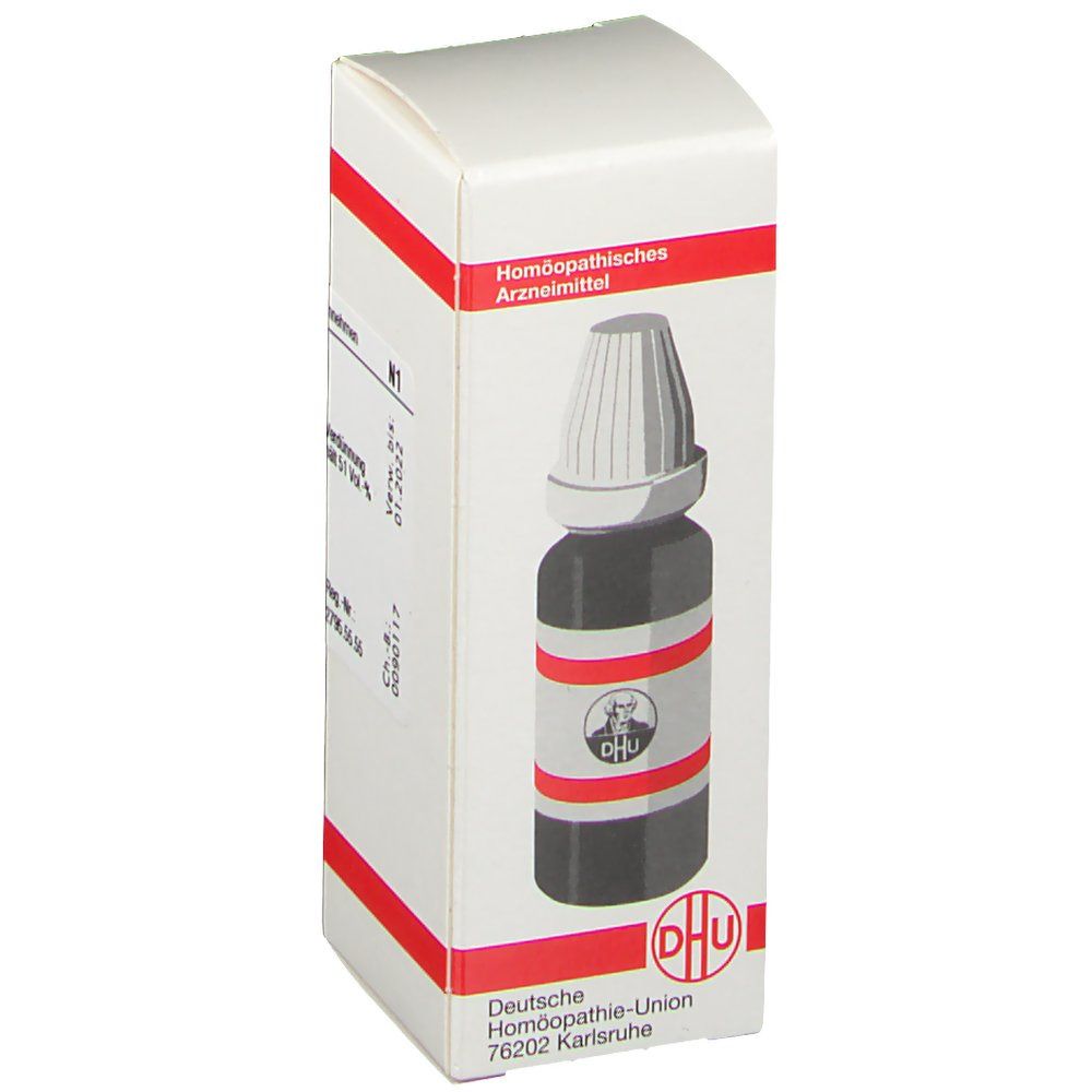 Weiße Schachtel mit roter Umrandung. Abgebildet: Flasche mit weißem Verschluss. DHU-Logo unten.