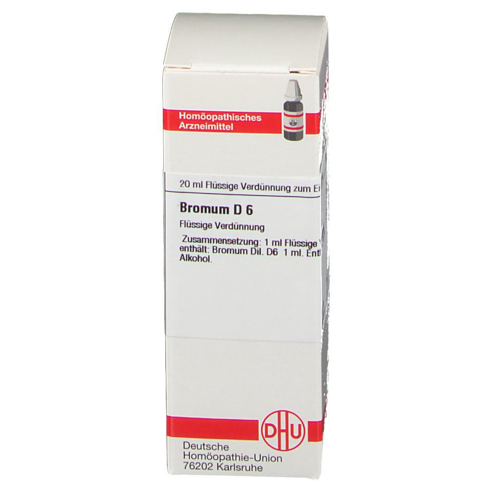 Weiße Schachtel mit roter Umrandung. Aufschrift: 20 ml flüssige Verdünnung zum Einnehmen. DHU-Logo unten.
