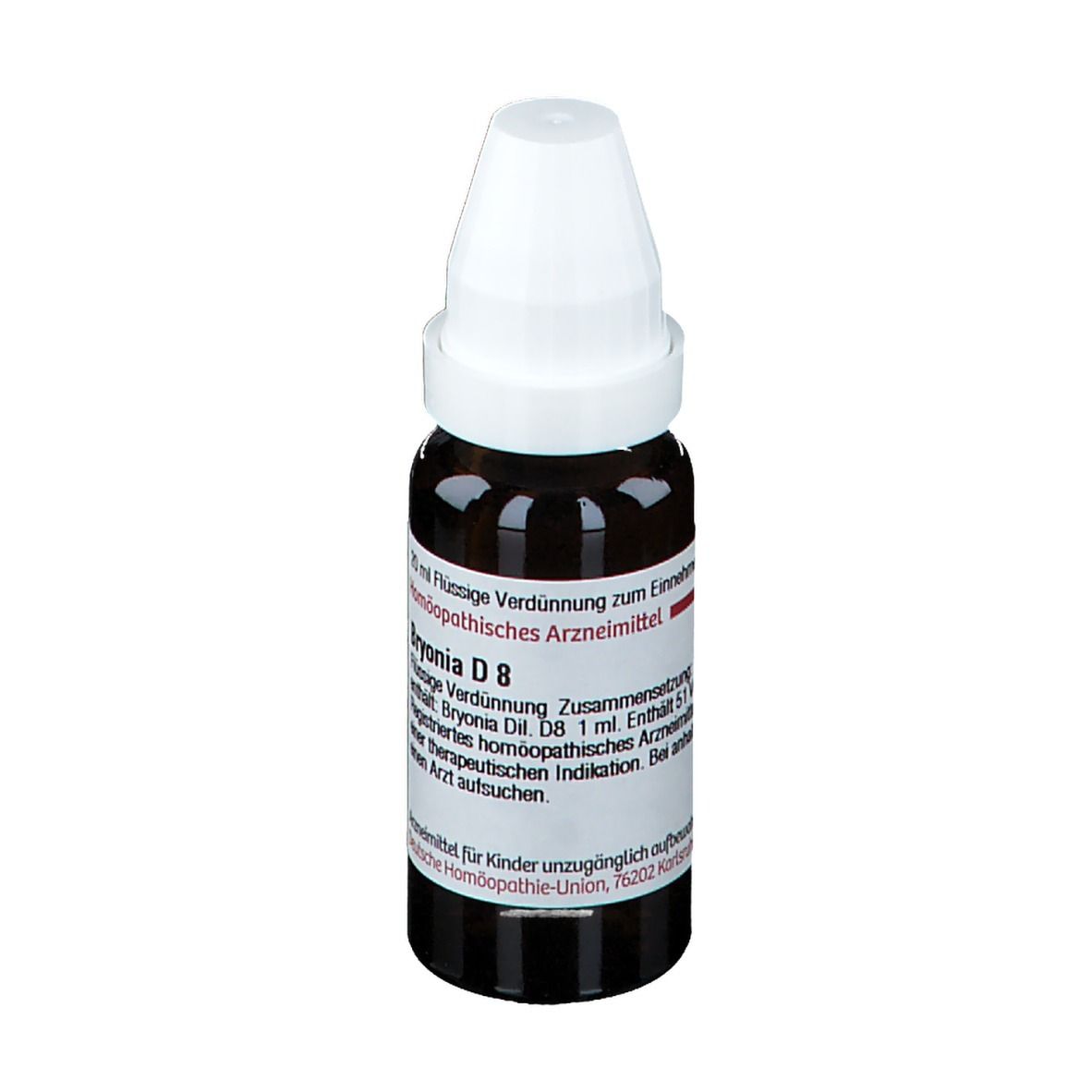 Braune Glasflasche mit weißem Verschluss. Beschriftung: Bryonia D 8, DHU. Arzneimittel.