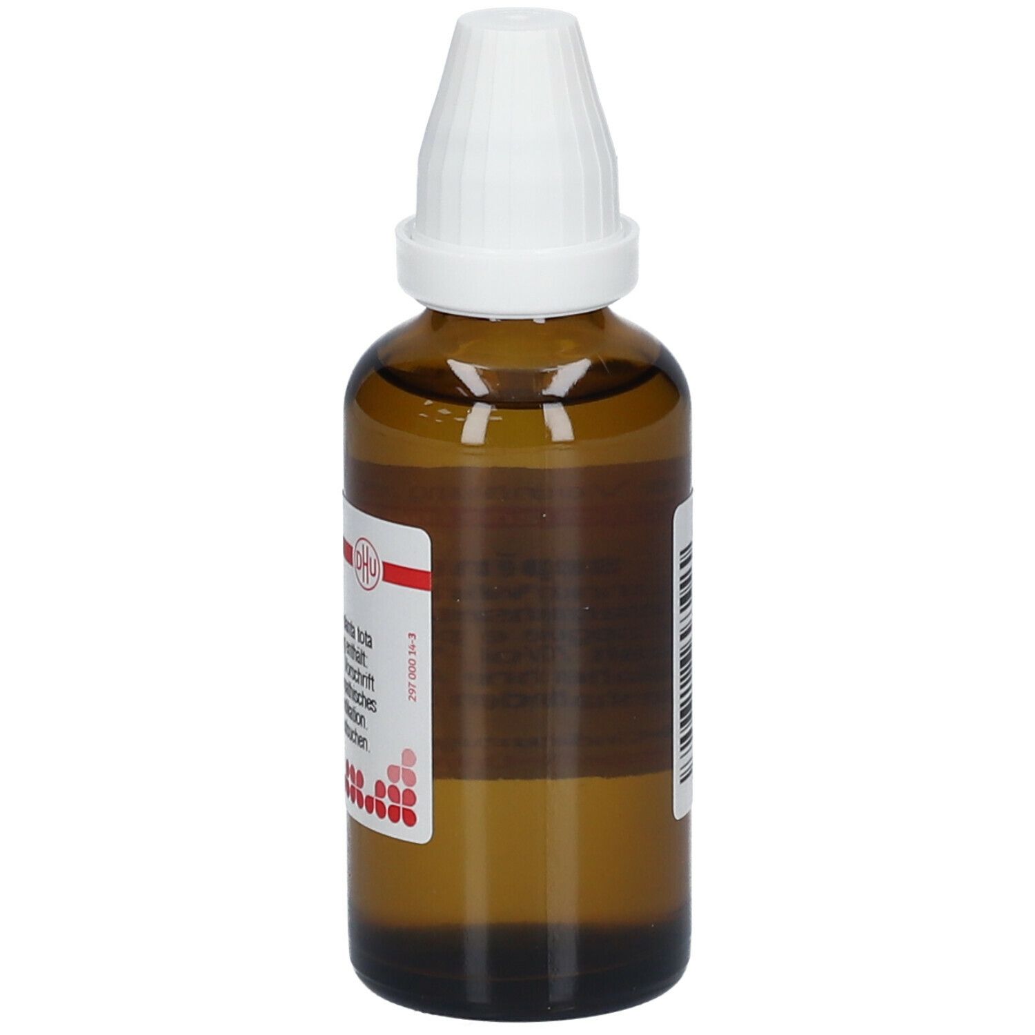 Braune Glasflasche mit weißem Verschluss. Etikett mit Produktinformationen. DHU Caladium Seguinum D2.