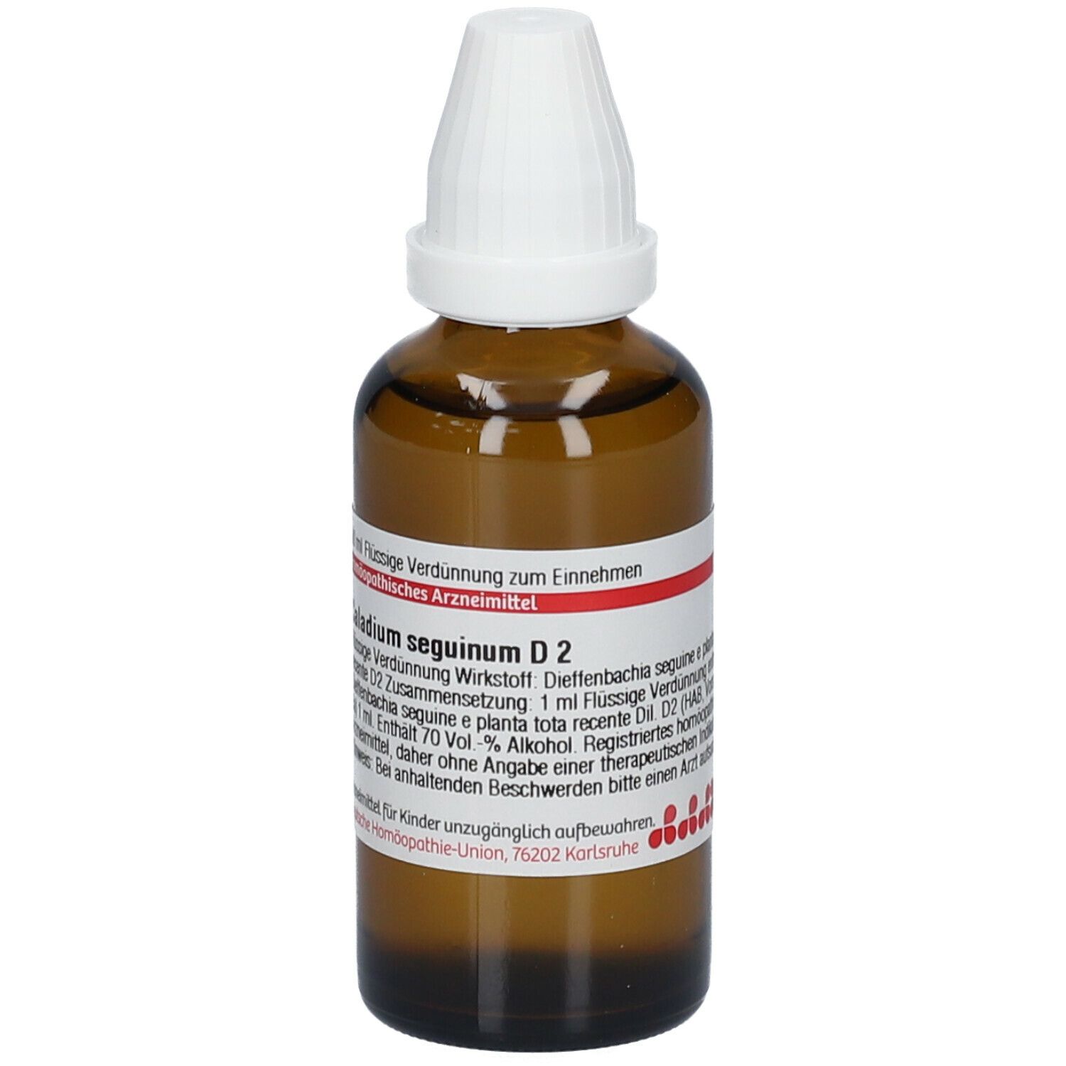 Braune Glasflasche mit weißem Verschluss. Etikett mit Produktinformationen. DHU Caladium Seguinum D2.