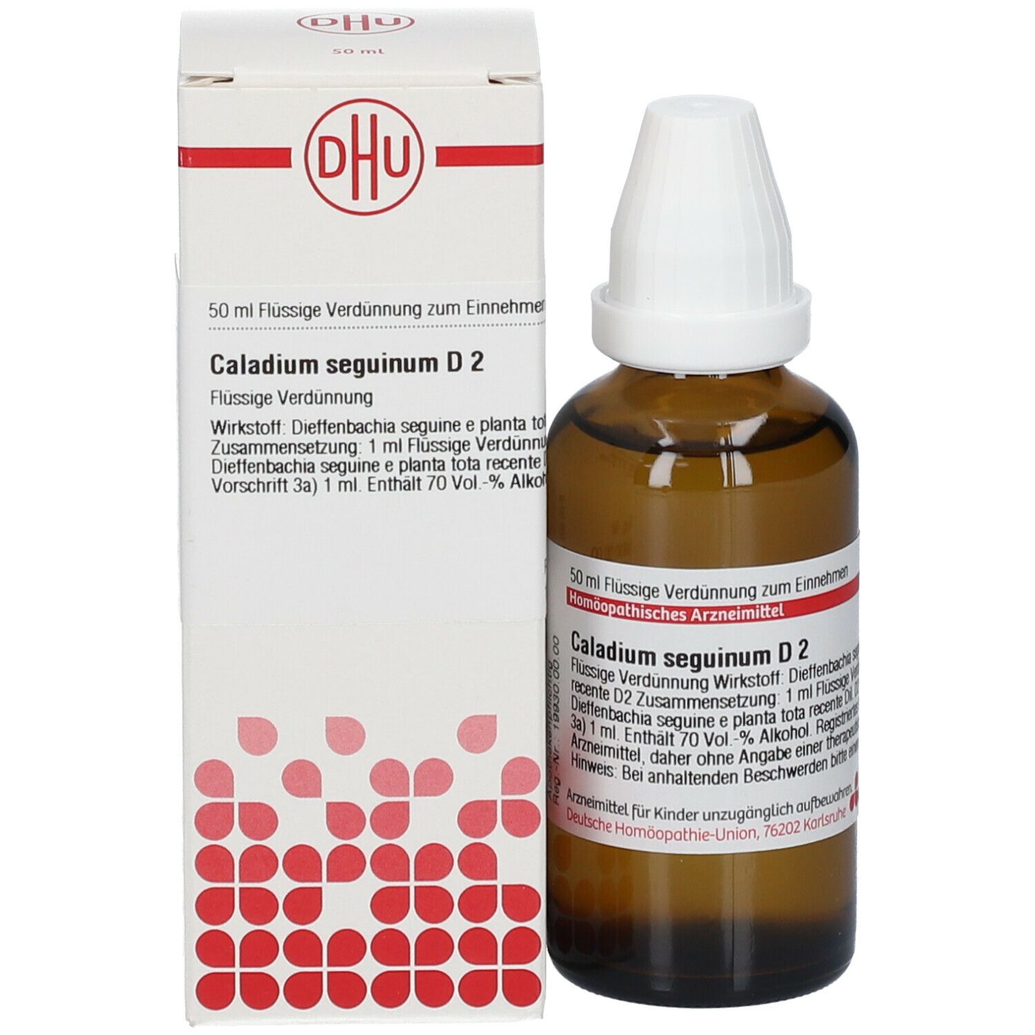 Braune Glasflasche und Verpackung. DHU Logo und Produktinformationen. DHU Caladium Seguinum D2.