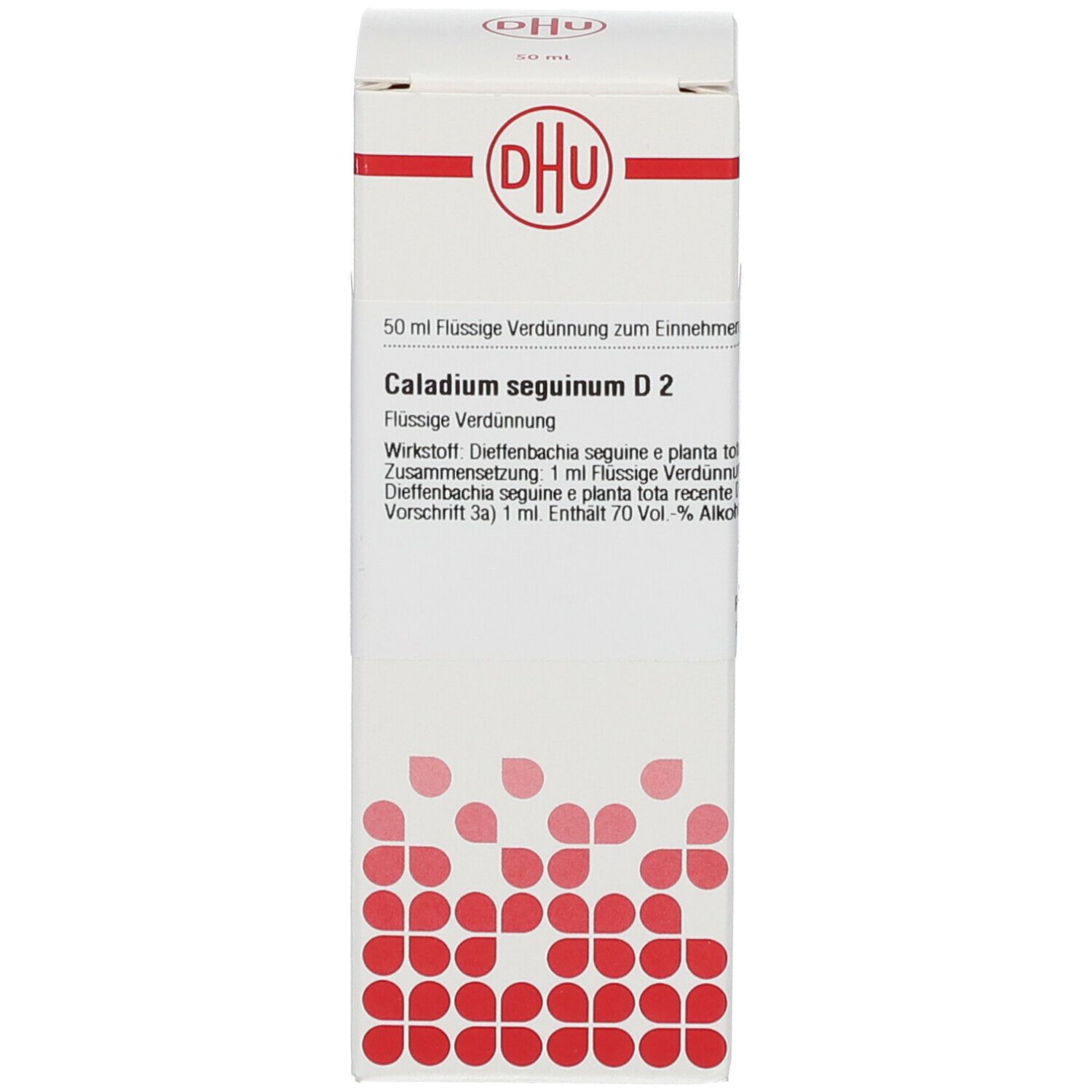 Verpackung mit Produktinformationen. DHU Logo und Produktname: Caladium Seguinum D2.