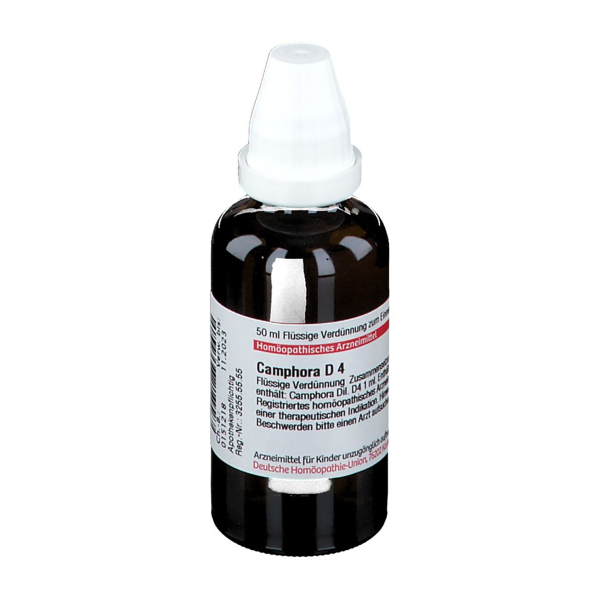 Braune Glasflasche mit weißem Verschluss. Etikett mit Produktinformationen. DHU Camphora D4.