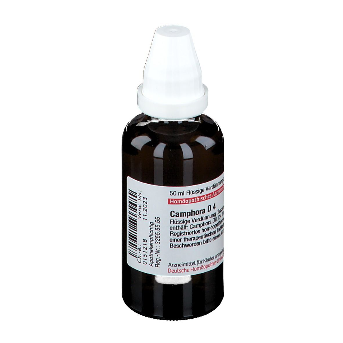 Braune Glasflasche mit weißem Verschluss. Etikett mit Produktinformationen. DHU Camphora D4.