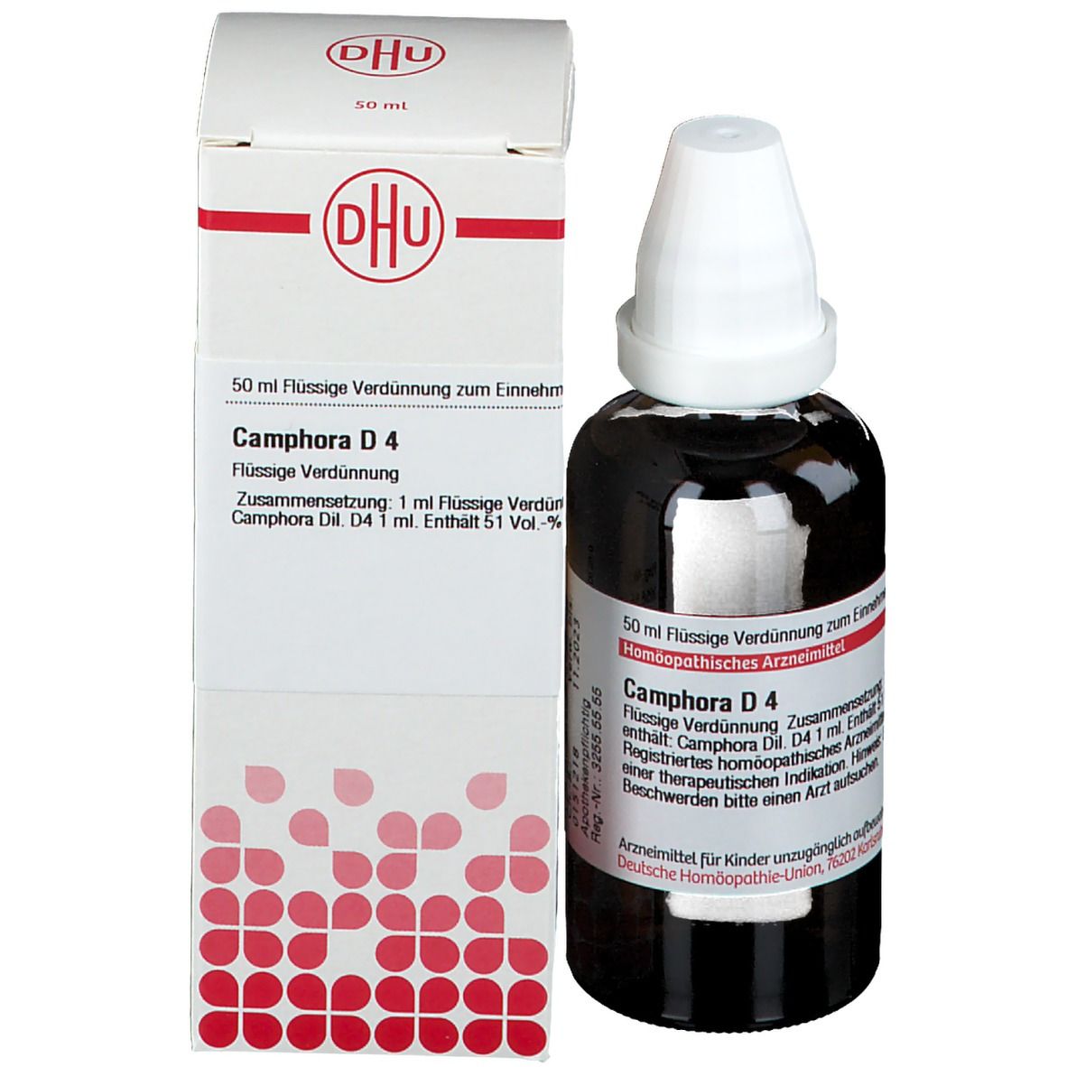 Braune Glasflasche und Verpackung. DHU Camphora D4. Flasche und Schachtel mit Produktinformationen.