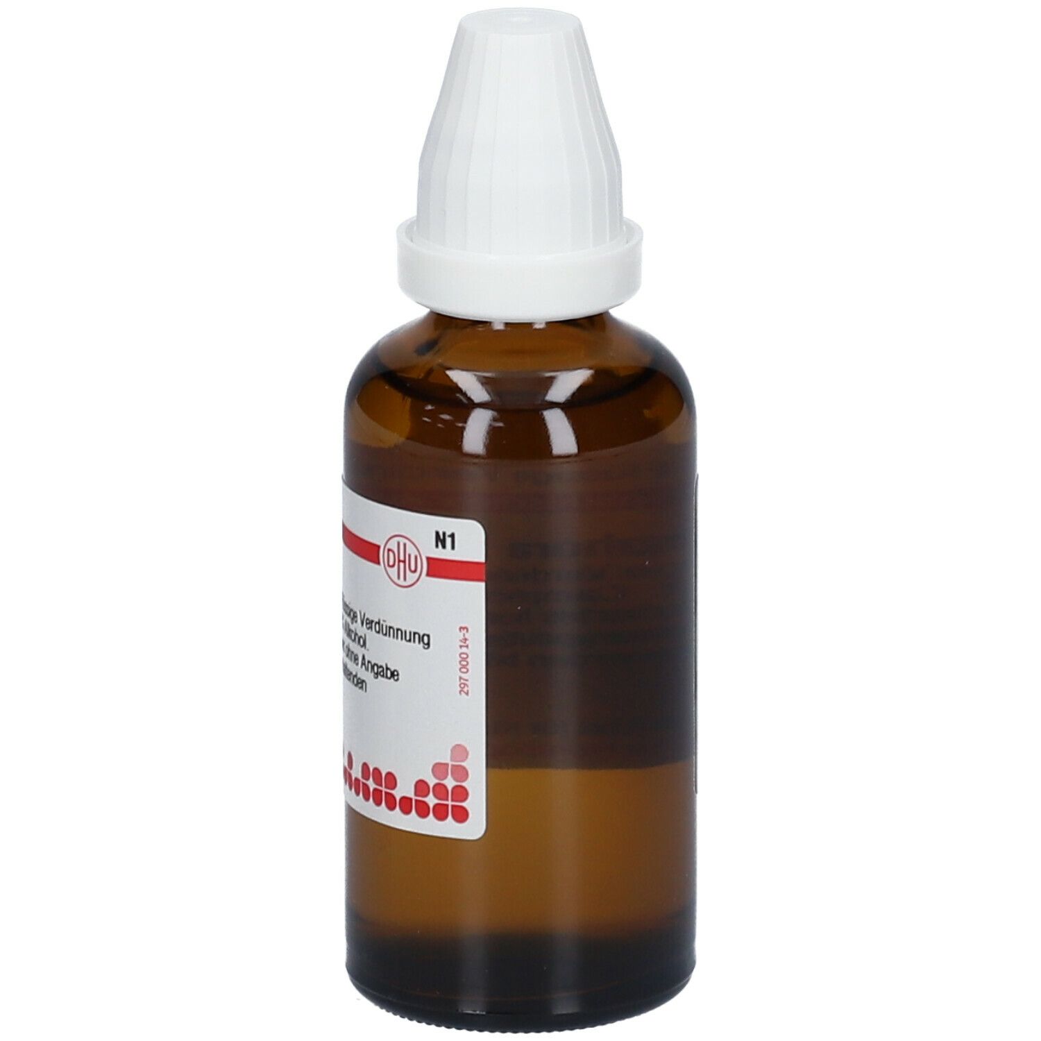 Braune Glasflasche mit weißem Verschluss. Etikett mit Produktinformationen. Aufschrift: DHU N1.
