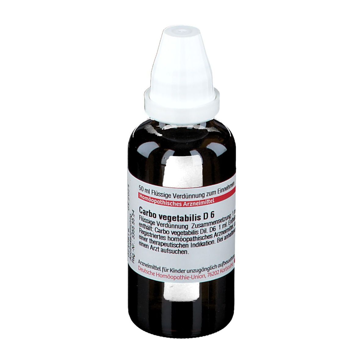 Braune Glasflasche mit weißem Verschluss. Etikett mit Text: Carbo vegetabilis D6. Deutsche Homöopathie-Union.