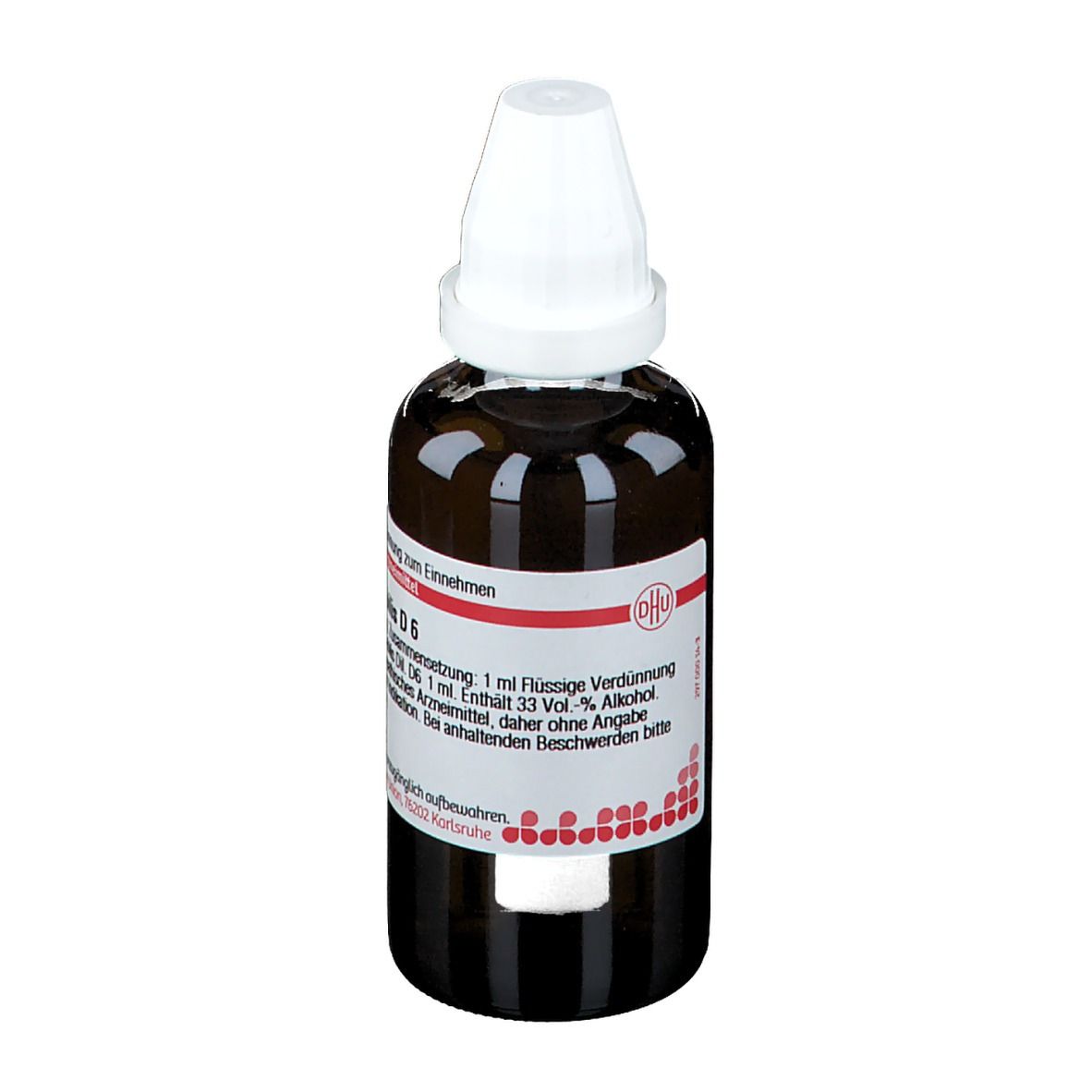 Braune Glasflasche mit weißem Verschluss. Etikett mit Text: Carbo vegetabilis D6. DHU Logo. Deutsche Homöopathie-Union.