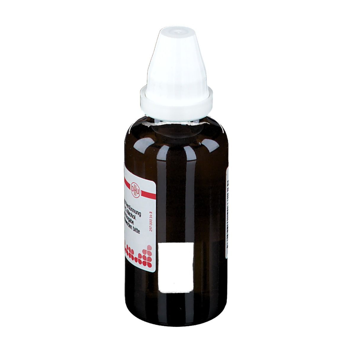 Braune Glasflasche mit weißem Verschluss. Etikett mit Text. Deutsche Homöopathie-Union. Rote Punkte am unteren Rand.