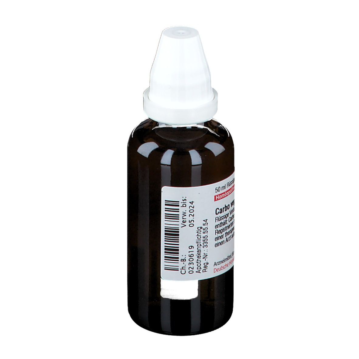 Braune Glasflasche mit weißem Verschluss. Etikett mit Text: Carbo vegetabilis D6. Verwendbar bis 05.2024. Apothekenpflichtig.