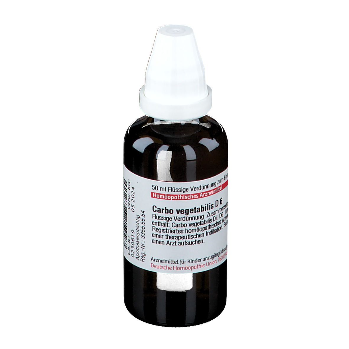 Braune Glasflasche mit weißem Verschluss. Etikett mit Text: Carbo vegetabilis D6. Deutsche Homöopathie-Union. Apothekenpflichtig.