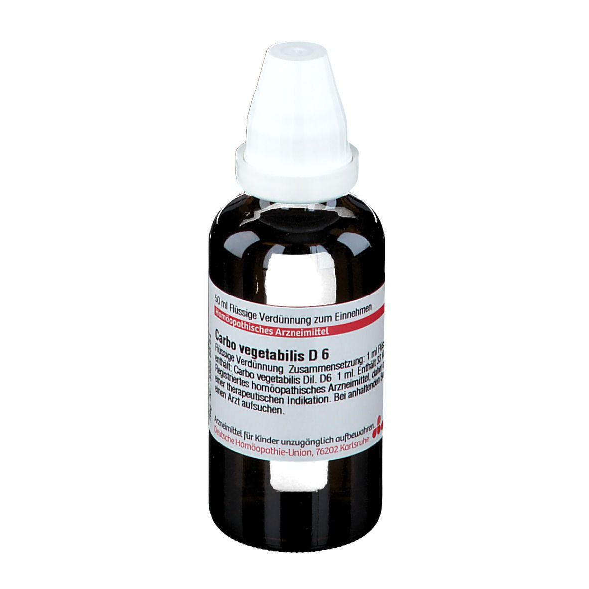 Braune Glasflasche mit weißem Verschluss. Etikett mit Text: Carbo vegetabilis D6. Deutsche Homöopathie-Union. Apothekenpflichtig.