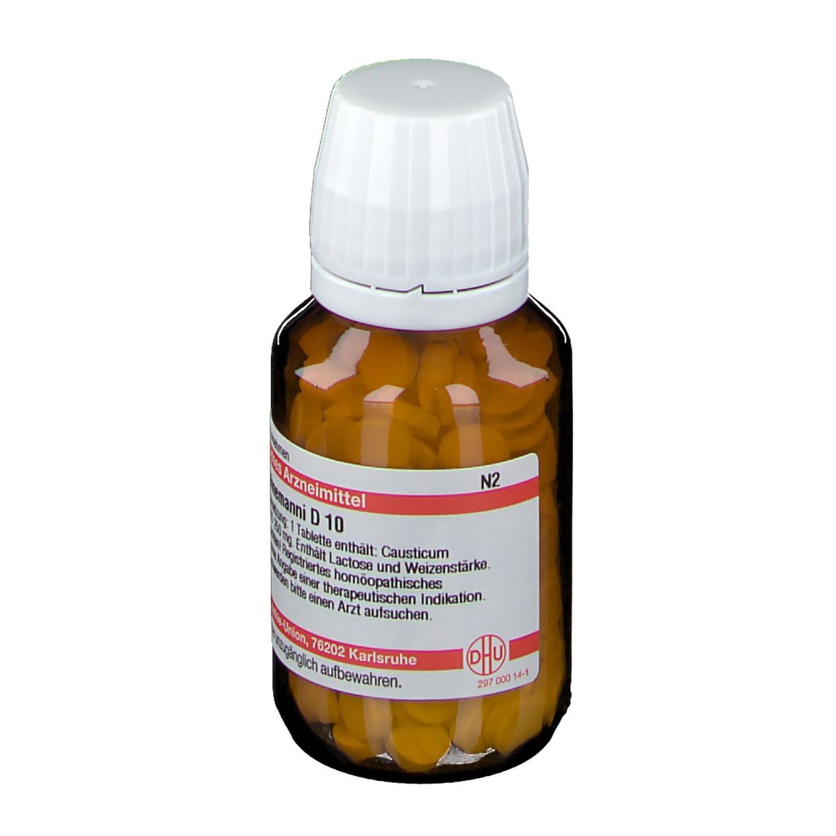 Braune Glasflasche mit weißem Deckel. Etikett mit Produktnamen und Informationen. Tabletten sichtbar.