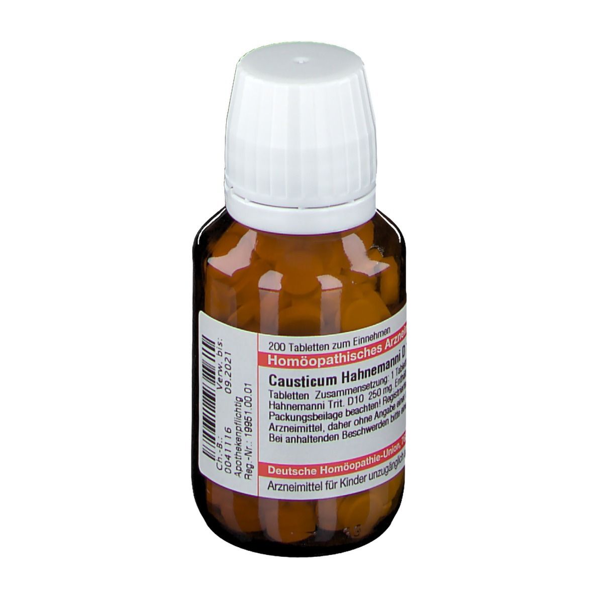 Braune Glasflasche mit weißem Deckel. Etikett mit Produktnamen und Informationen. Tabletten sichtbar.