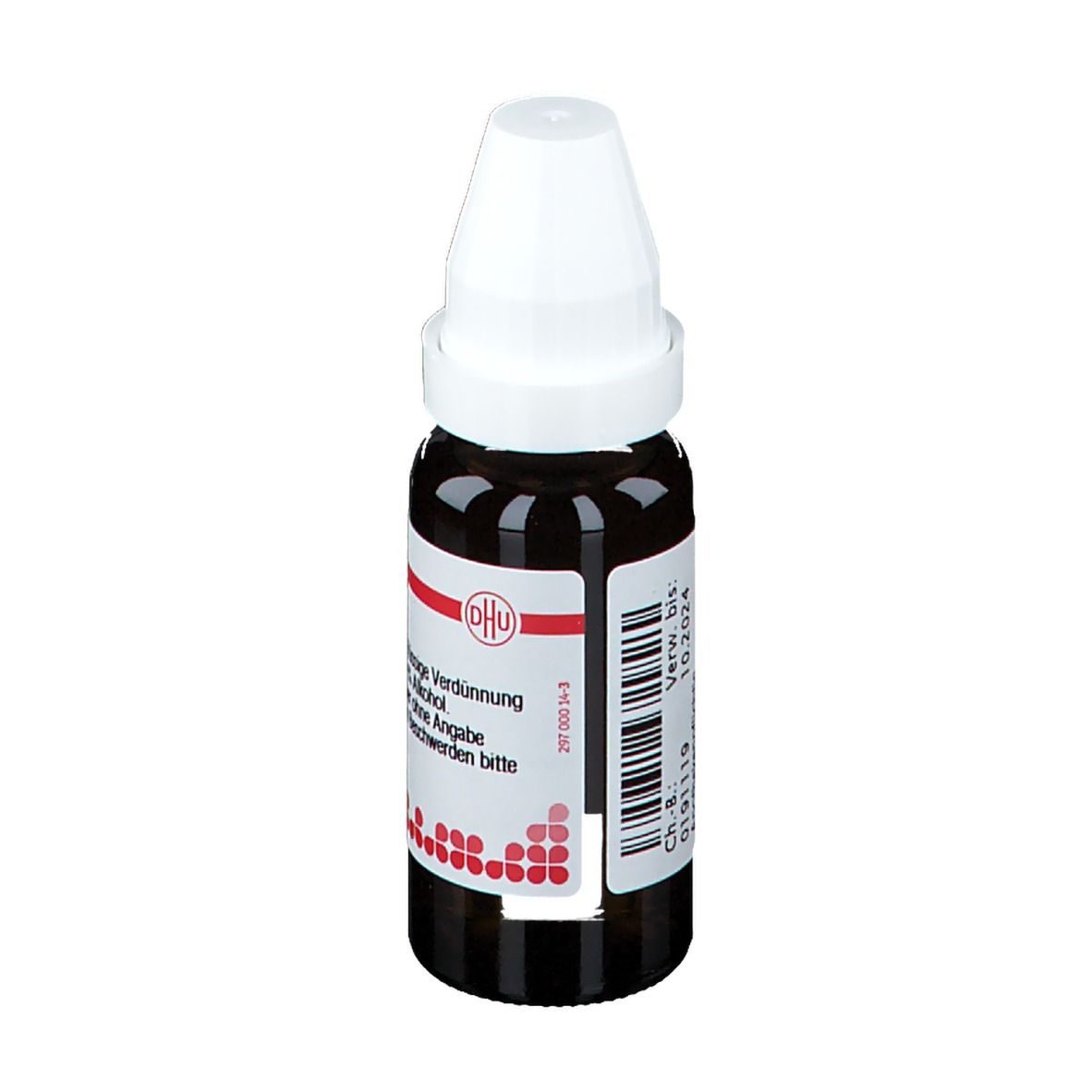 Braune Glasflasche mit weißem Verschluss. Etikett mit Text: Cinnabaris D6, flüssige Verdünnung. Mit Barcode und Verfallsdatum.