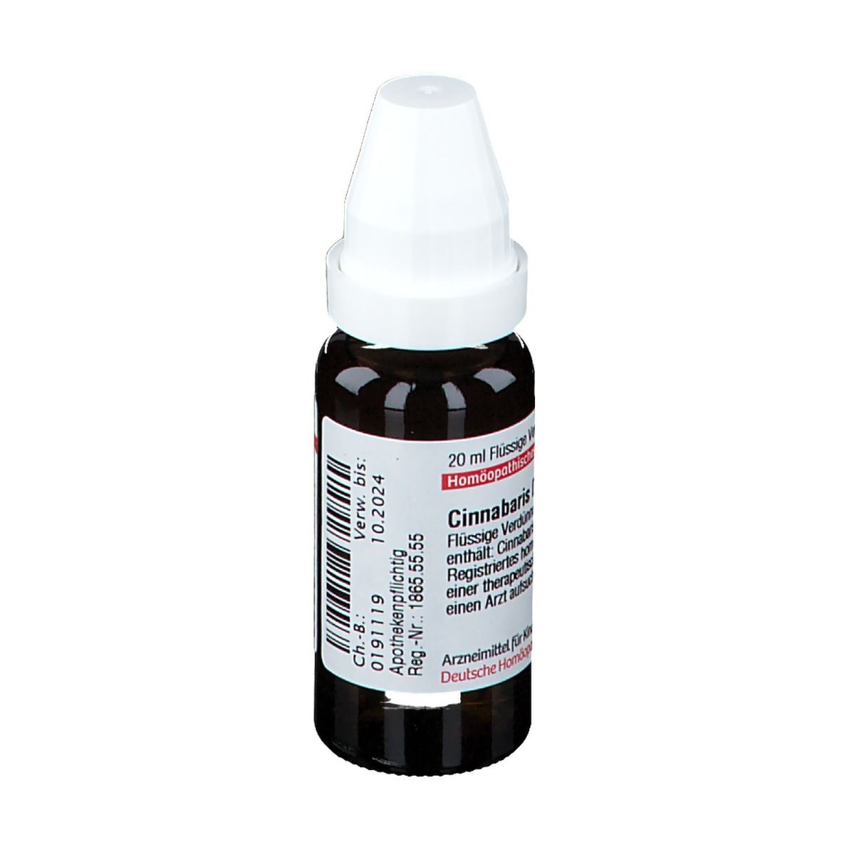 Braune Glasflasche mit weißem Verschluss. Etikett mit Text: Cinnabaris D6, flüssige Verdünnung. 20 ml. Apothekenpflichtig.