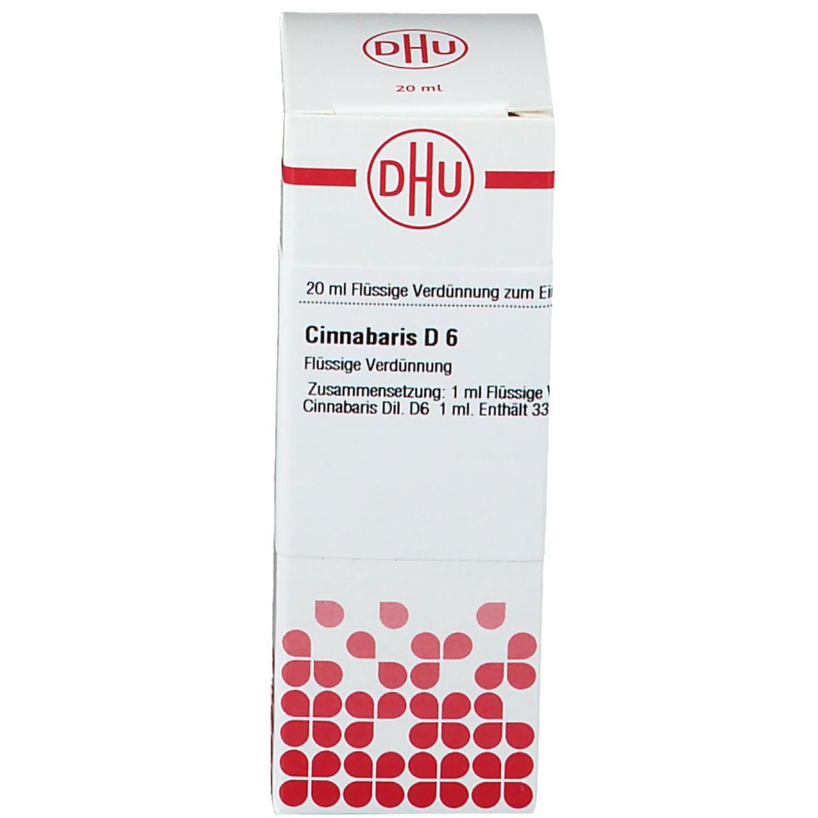 Weiße Verpackung mit roter Schrift. Auf der Verpackung steht DHU und Cinnabaris D6. 20 ml.