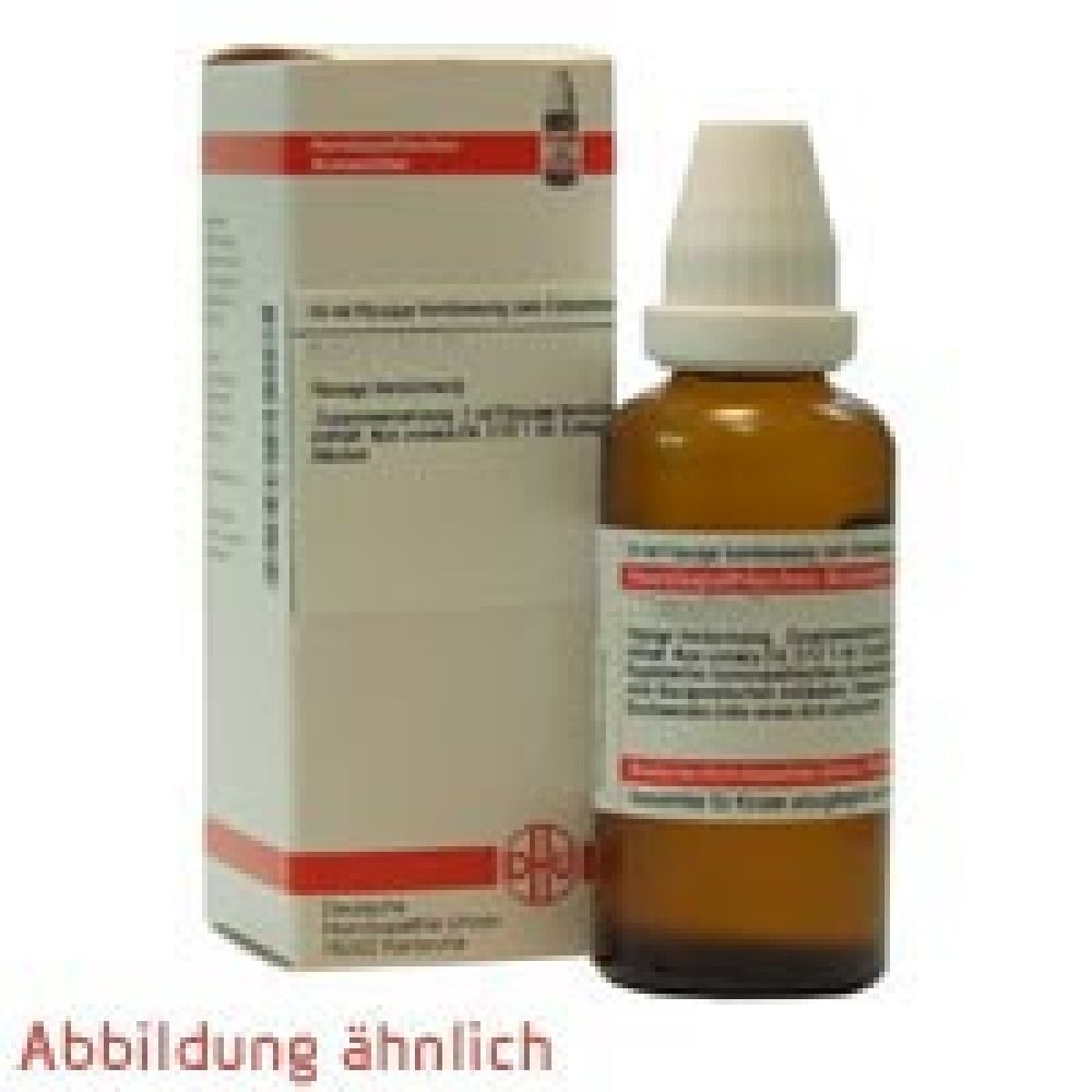 Braune Glasflasche mit weißem Verschluss und Etikett neben einer weißen Schachtel mit roter Umrandung. Text auf Deutsch.