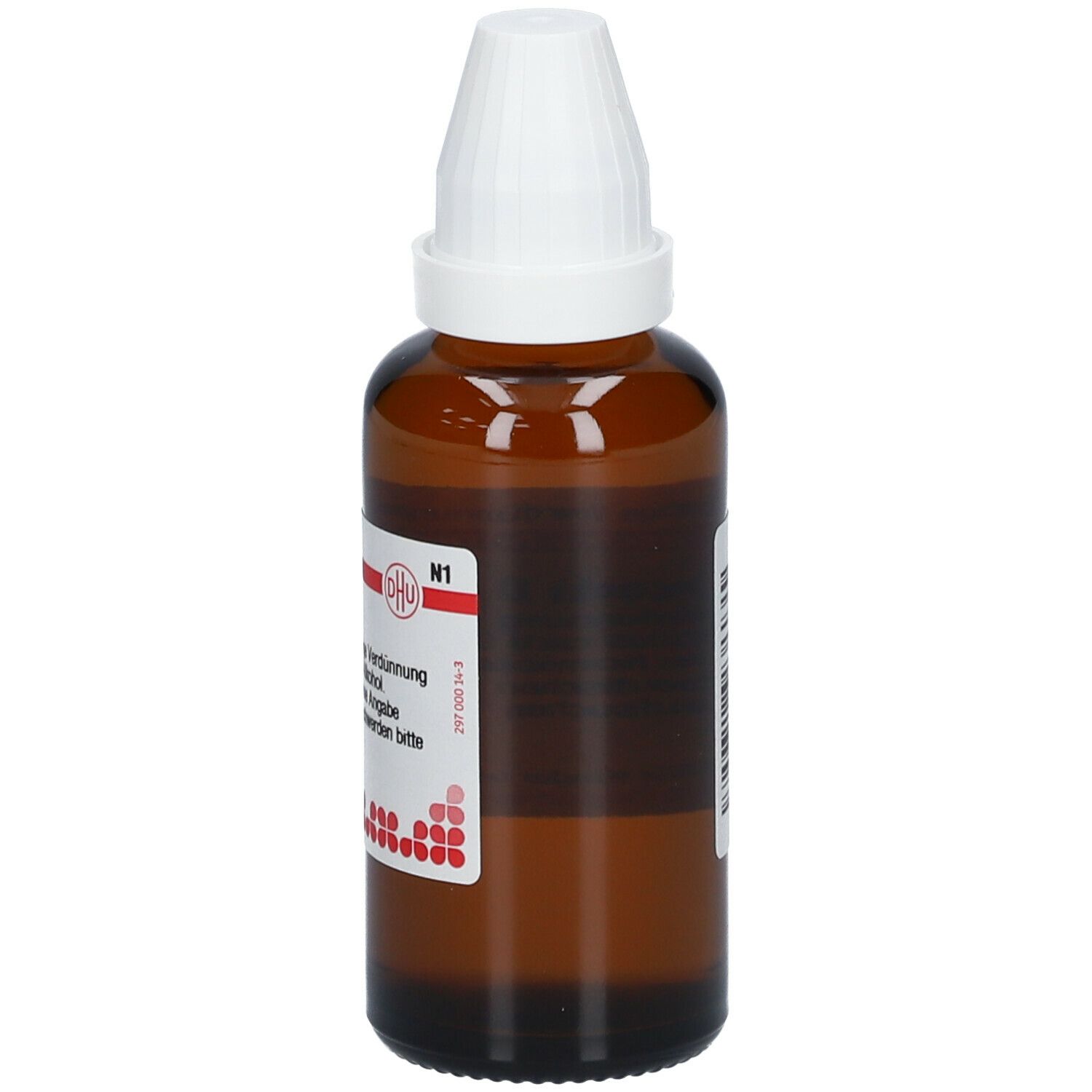 Braune Glasflasche mit weißem Verschluss. Etikett mit rotem DHU-Logo und N1. Homöopathisches Arzneimittel.